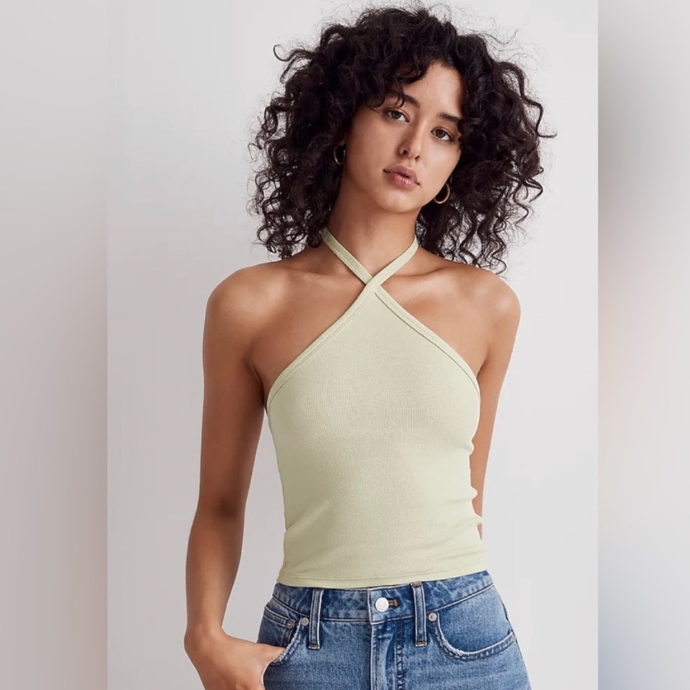 NWT! Madewell Supima® Rib Halter‎ Tank Top Lt Green Sz M - Damaged with Patches